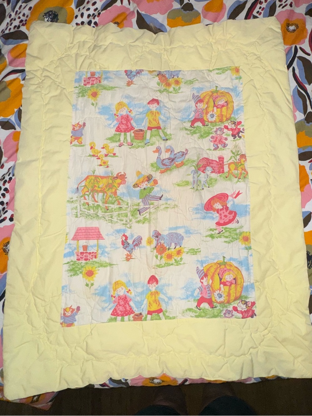 Yellow Vintage Baby Quilt with Pastel Fairy Tale Print